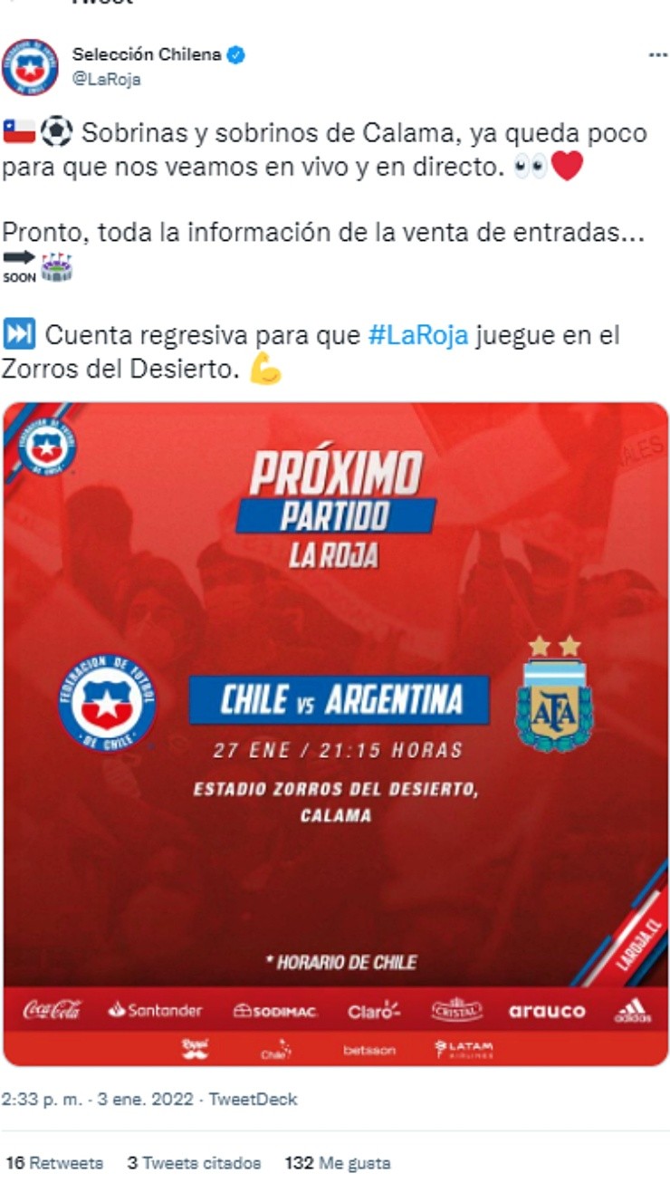 La selección chilena aclaró que la información de venta de entradas para el partido entre Chile y Argentina en Calama se conocerá en los próximos días.