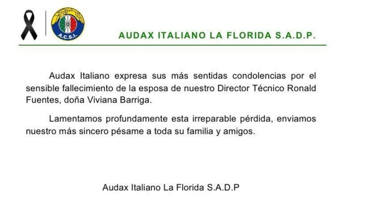La nota oficial de Audax Italiano que lamenta la prematura partida de Viviana Barriga, esposa de Ronald Fuentes