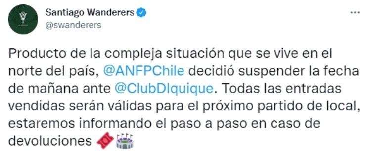 Wanderers oficializó hace minutos la suspensión del encuentro ante Deportes Iquique