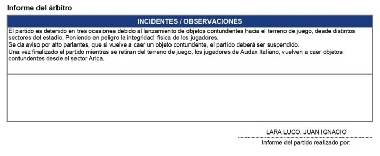 El informe del árbitro Juan Lara explicita los incidentes que se vivieron el pasado sábado en el estadio Monumental