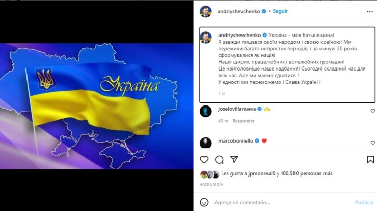 Andriy Shevchenko reaccionó en redes sociales frente al conflicto bélico en Europa del Este