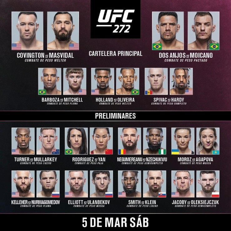 Cartelera oficial UFC 272. (Foto: UFC Español)