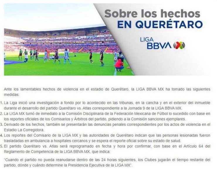 La Liga MX se pronuncia acerca de los horrorosos incidentes de Querétaro