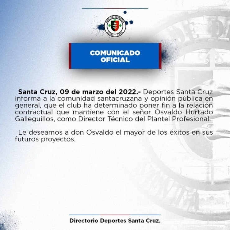 Así informó Deportes Santa Cruz el despido de Osvaldo Arica Hurtado