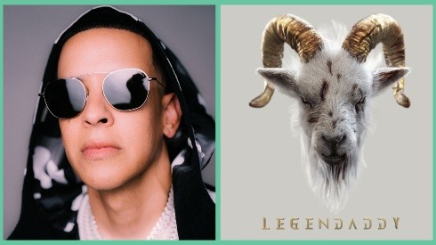 Daddy Yankee junto a la portada de Legendaddy su último disco.