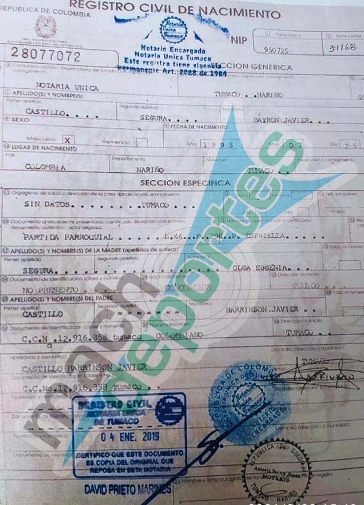 El certificado de nacimiento de Bayron (y no Byron) Castillo, nacido en 1995 en Tumaco, ha sido validado por las autoridades gubernamentales de Colombia