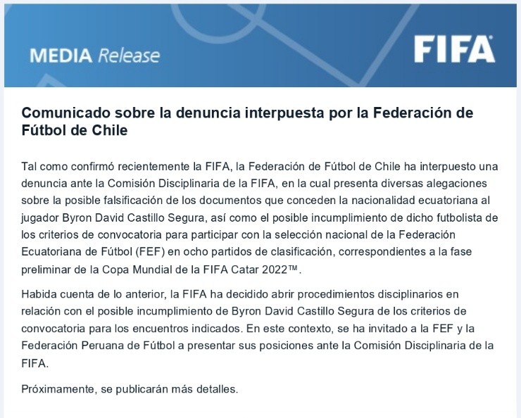 El comunicado oficial en que la FIFA anuncia la apertura de una investigación que puede derivar en la clasificación por secretaría de la selección chilena al Mundial de Qatar 2022