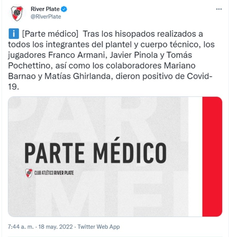 River Plate oficializó las cinco bajas que tiene el plantel profesional, entre ellos tres futbolistas, producto de un brote de covid-19