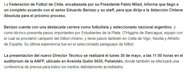 Comunicado oficial de la Federación de Fútbol de Chile