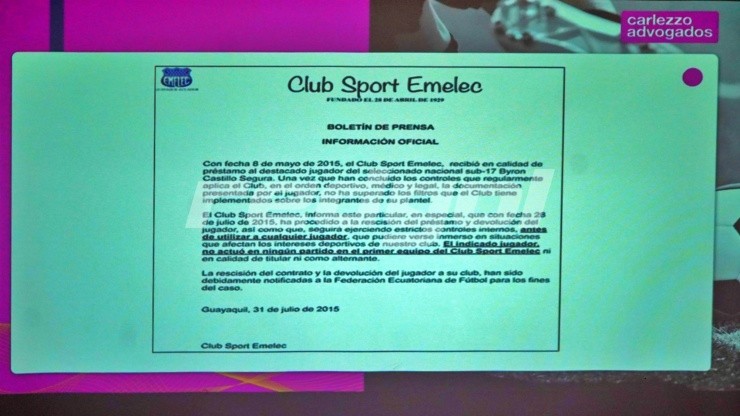 El club Emelec comunica en 2015 que la documentación presentada por Castillo no ha superado los filtros y deja sin efecto el préstamo
