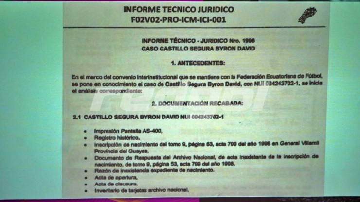 A continuación se muestra un informe jurídico sobre Byron Castillo en el marco del acuerdo entre el Registro Civil y la FEF