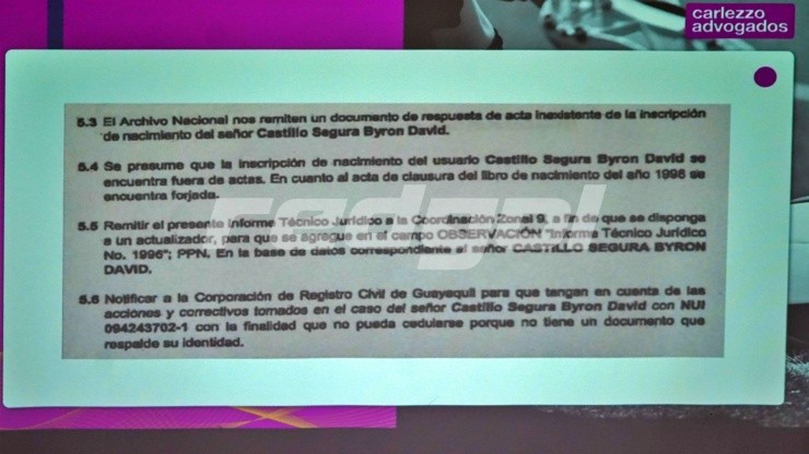Se pide &quot;notificar al Registro Civil de Guayaquil&quot; que Castillo &quot;no pueda cedularse porque no tiene un documento que respalde su identidad&quot;