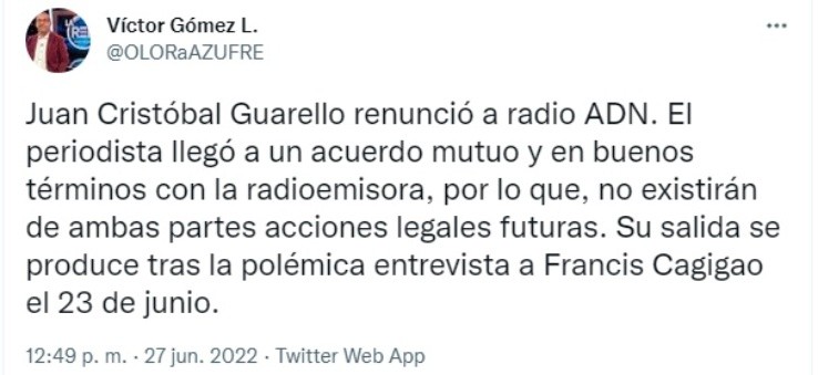 El periodista Víctor Gómez confirmó la renuncia de Juan Cristóbal Guarello