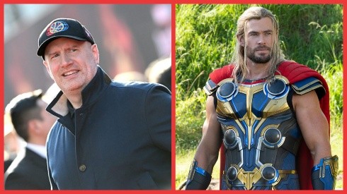El presidente de Marvel, Kevin Feige, y Chris Hemsworth como el Dios del Trueno en Thor: Love & Thunder.
