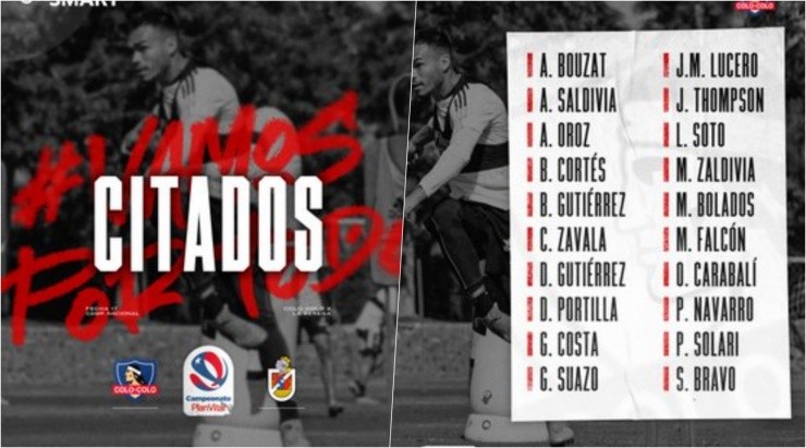 Los veinte jugadores citados por Colo Colo para el encuentro de este domingo ante La Serena, por la decimoséptima fecha del Campeonato Nacional.