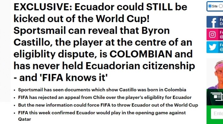 El diario Daily Mail escaló en el conflicto de Byron Castillo y acusó a la FIFA
