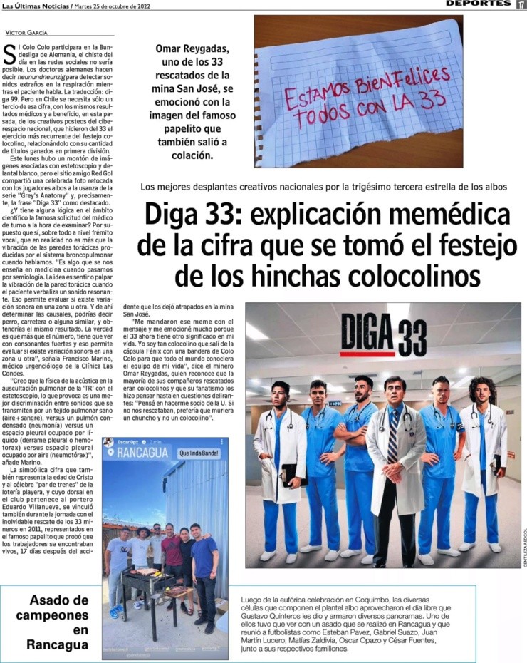 Lindo reconocimiento: LUN explica el sentido de la gráfica que enmarcó el especial de Colo Colo campeón en Redgol, “Diga 33”.