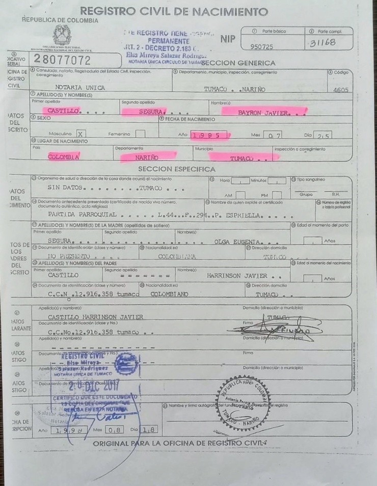 Este certificado de nacimiento de origen colombiano instaló la duda sobre el real origen de Byron Castillo