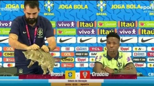 El momento en que el encargado de prensa de Brasil saca al gato de escena.