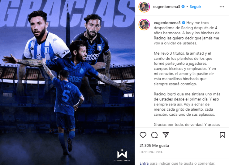 Eugenio Mena se despide de Racing