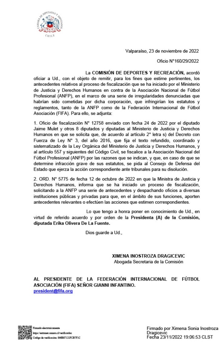 El oficio que enviaron los diputados al presidente de la FIFA, Gianni Intantino