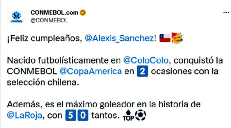 El saludo de la Conmebol a Alexis Sánchez
