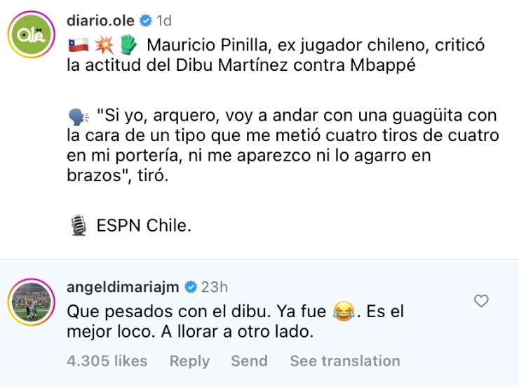 Ángel Di María le contesta a Mauricio Pinilla