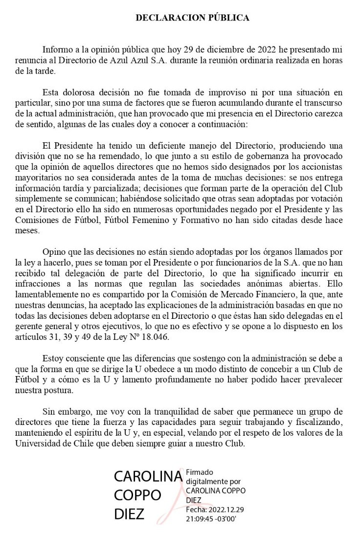 La declaración pública de la abogada Carolina Coppo en su renuncia al directorio de Azul Azul