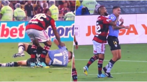 Vidal se calienta con rival en la Recopa entre Flamengo e Independiente del Valle.