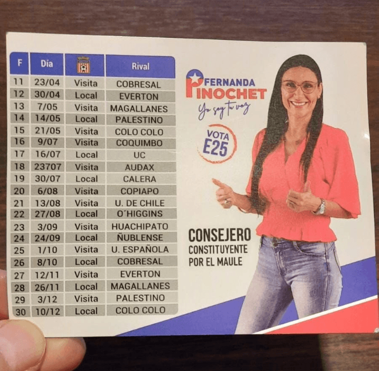 Fernanda Pinochet, candidata Evópoli, usa el escudo de Curicó Unido para su campaña