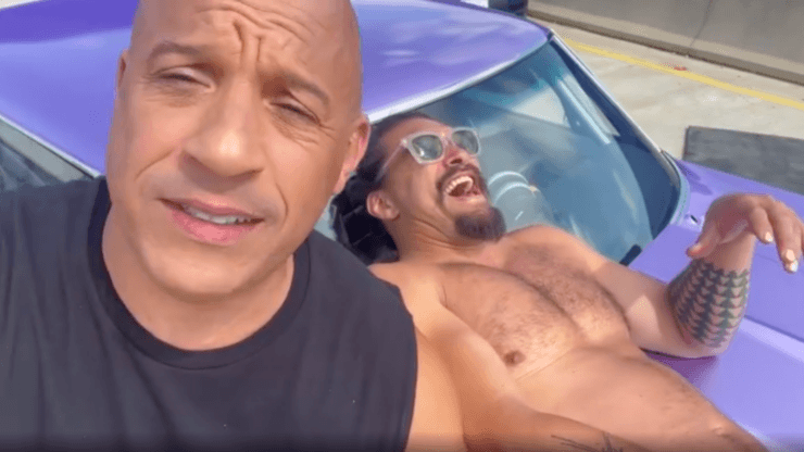 Vin Diesel and Jason Momoa on the set of Fast X, or Fast and Furious 10.