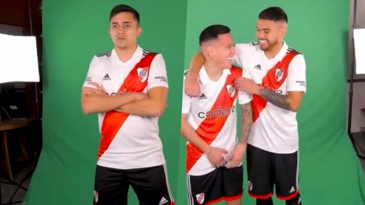 El Pibe y Paulo Díaz fueron parte de la sesión de fotos de la nueva camiseta del cuadro Millonario, donde el chileno se mostró bien risueño.