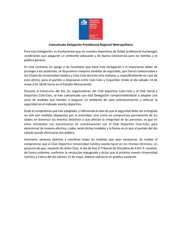El comunicado de la Delegación Presidencial sobre la seguridad en los partidos de Colo Colo y Universidad Católica.