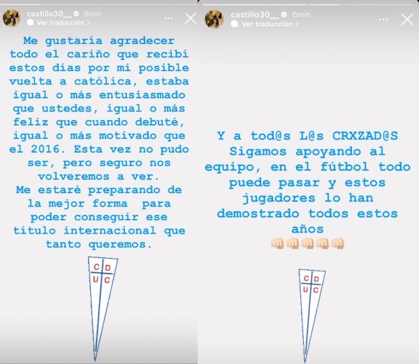 El mensaje de Castillo en Instagram tras su frustrado regreso a la UC.