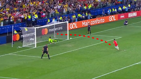 Alexis Sánchez (5-4): Se perfila para cruzar el remate y remata a la izquierda de Ospina, engañado.