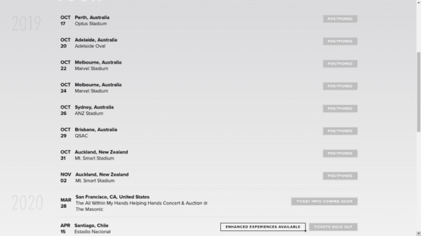 Los conciertos suspendidos y el de Chile como el primero de regreso a las pistas en 2020 en el sitio oficial de Metallica.