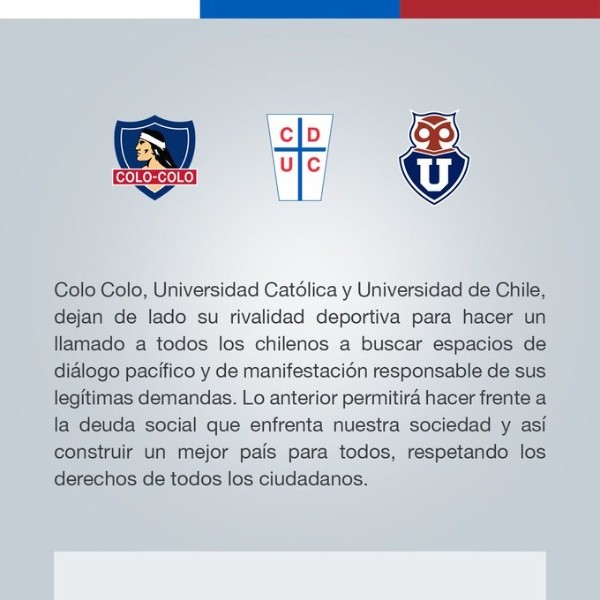 El comunicado conjunto de Colo Colo, la U y la UC.
