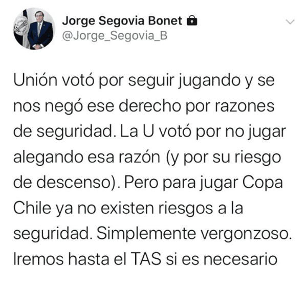 El mensaje de Jorge Segovia en Twitter.
