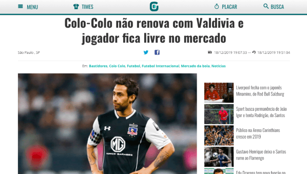 Valdivia destacado en Gazeta Esportiva