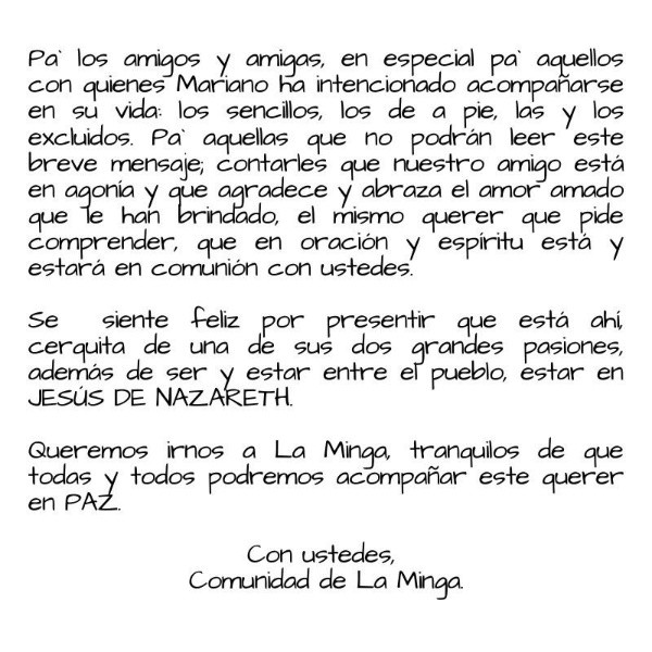 La carta de la Comuicada de La Minga sobre Mariano Puga.