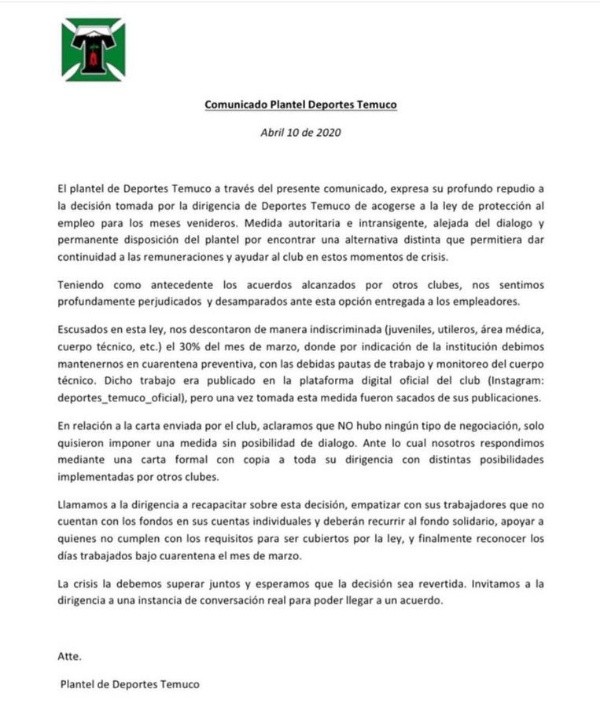 Carta del plantel de Deportes Temuco