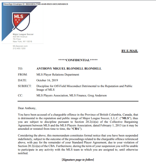 Documento que “suspende” a Blondell de jugar en la MLS.