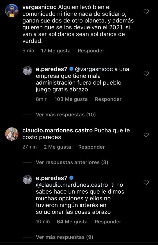 Los comentarios de Esteban Paredes en Instagram