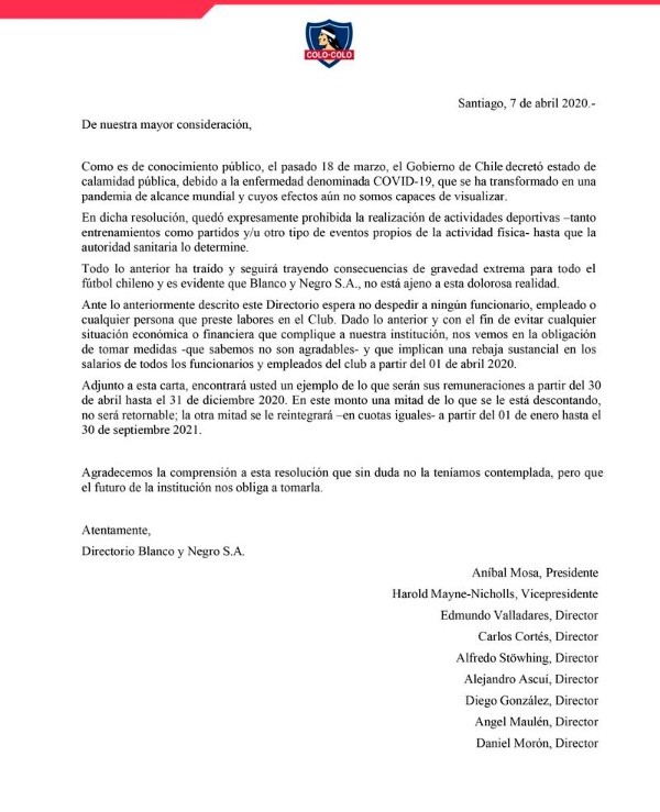 Carta de ByN a los funcionarios del club. (FOTO: La Tercera)