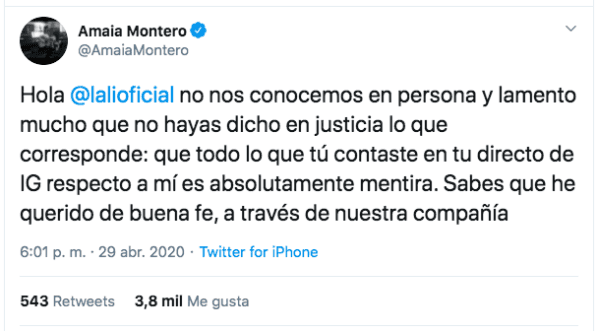El primer tuit de Amaia Montero a Lali Espósito.