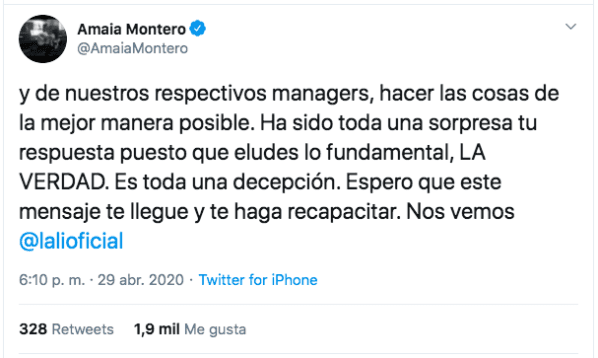 El segundotuit de Amaia Montero a Lali Espósito.