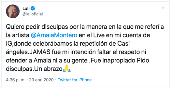Las disculpas de Lali Espósito a Amaia Montero.