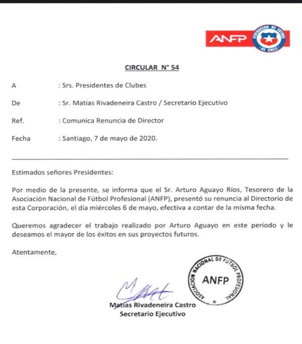 Carta con la oficialización de la renuncia de Aguayo.