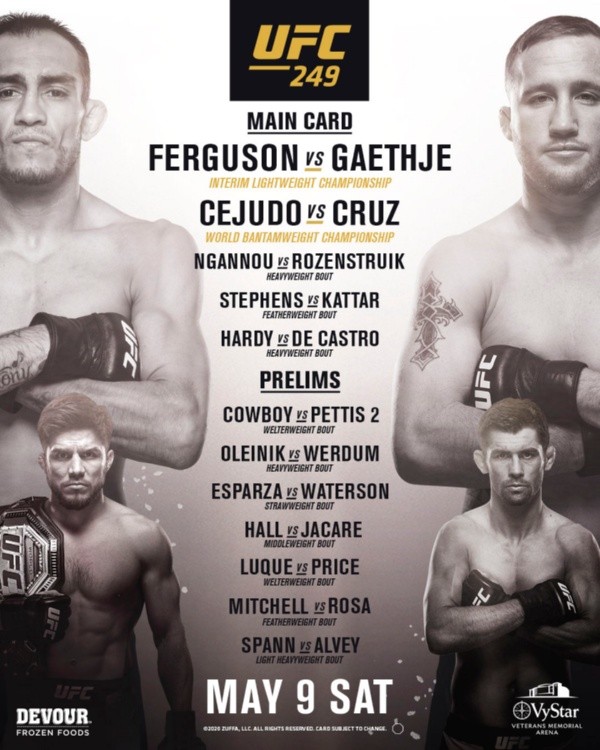 Esta es la tarjeta de peleas para este sábado, con Ferguson y Gaethje como el momento estelar de la UFC 249. (Foto: Twitter UFC)
