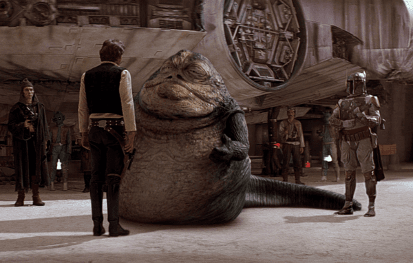 En la imagen Han Solo hablando con Jabba The Hutt y al lado, el cazarrecompensas Boba Fett en “El Imperio Contraataca V”, y que aparecerá en The Mandalorian.